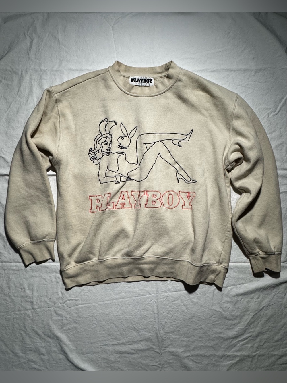 PLAYBOY Cream Sweatshirt with Red Lettering and Black Outline Graphic
